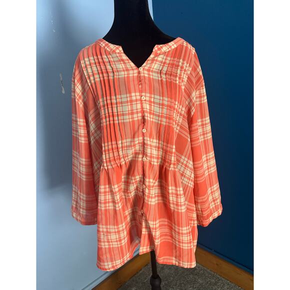 Serengeti Tops - Serengeti Coral & Ivory Plaid Button-Front Blouse 2X